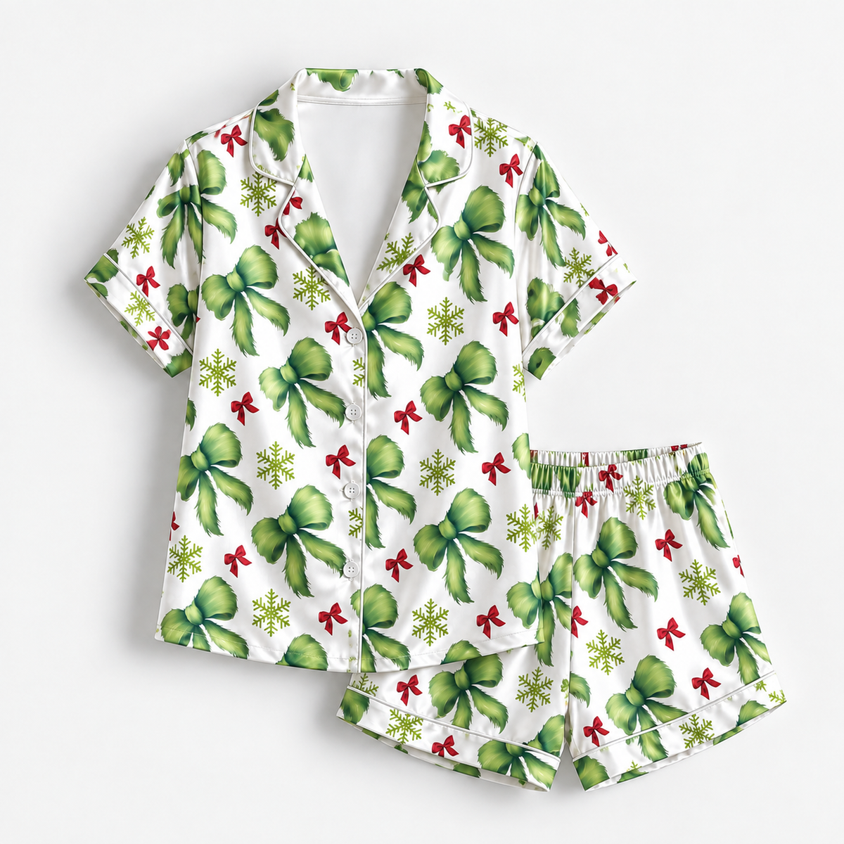 PJ-M1928-Green Bow Snowflake Satin Pajama Set, Coquette Christmas Festive Holiday Sleepwear