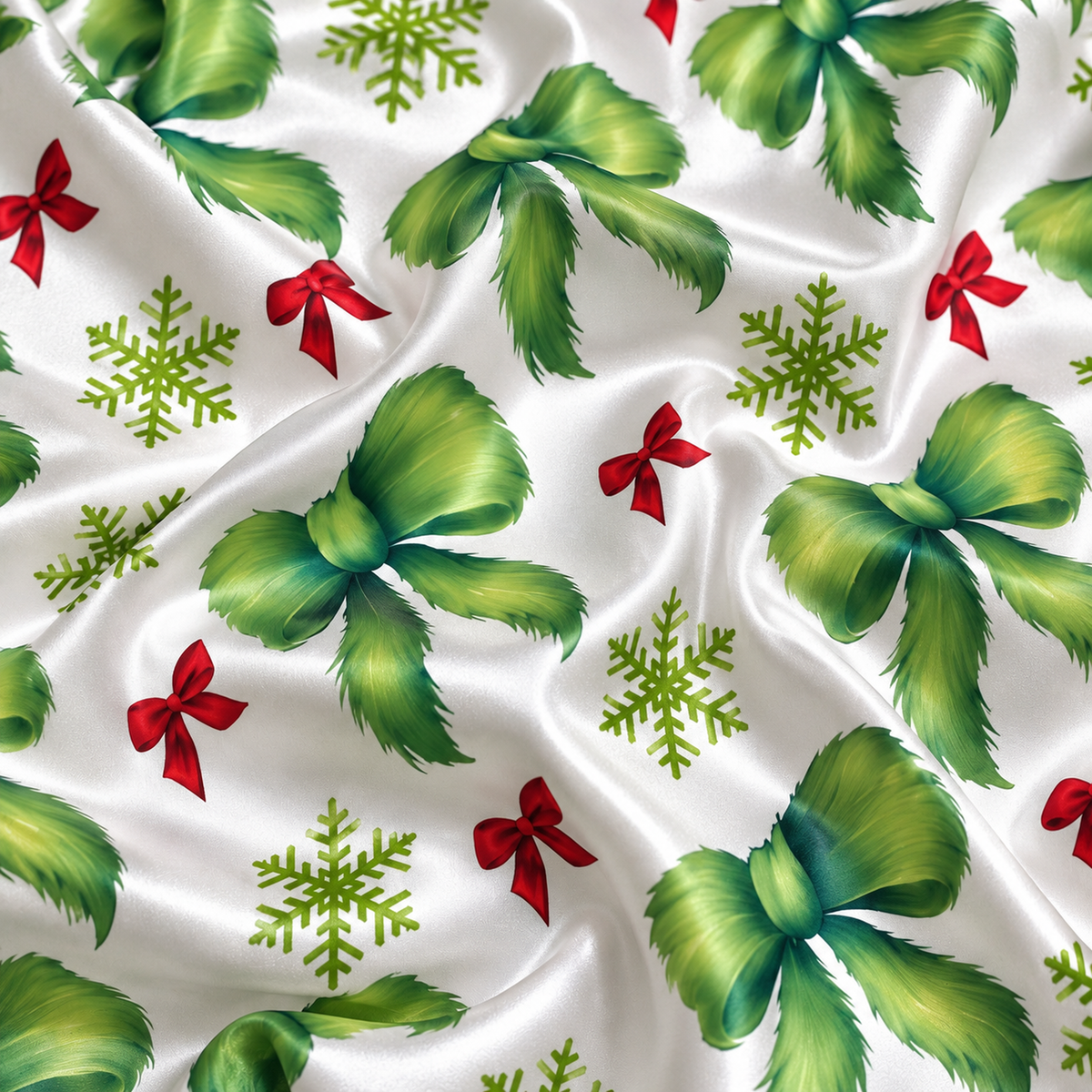 PJ-M1928-Green Bow Snowflake Satin Pajama Set, Coquette Christmas Festive Holiday Sleepwear