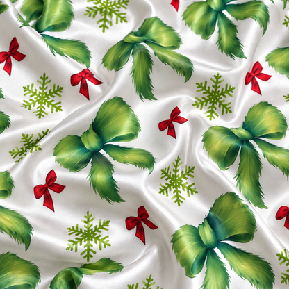 PJ-M1928-Green Bow Snowflake Satin Pajama Set, Coquette Christmas Festive Holiday Sleepwear