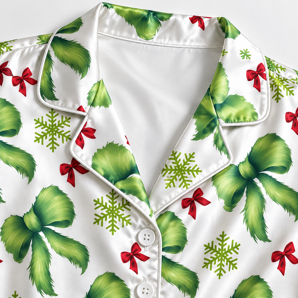 PJ-M1928-Green Bow Snowflake Satin Pajama Set, Coquette Christmas Festive Holiday Sleepwear