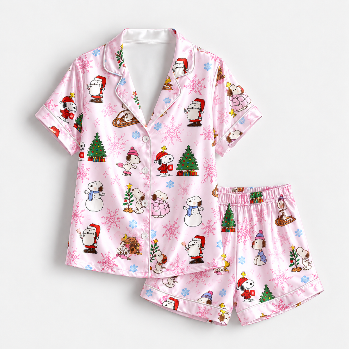 PJ-M1929-Snoopy Christmas Satin Pajama Set, Peanuts Woodstock Pink Holiday Sleepwear