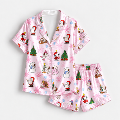 PJ-M1929-Snoopy Christmas Satin Pajama Set, Peanuts Woodstock Pink Holiday Sleepwear