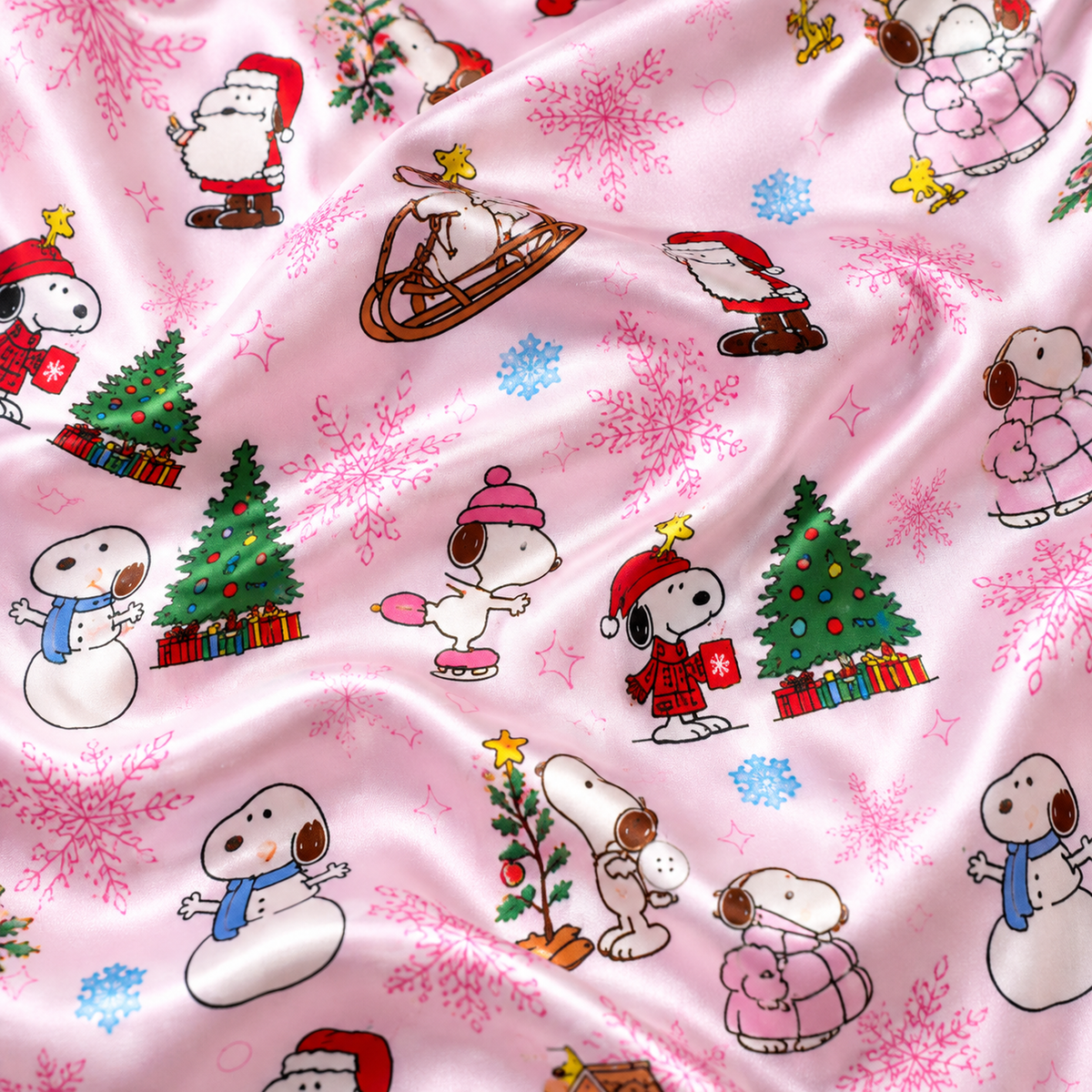 PJ-M1929-Snoopy Christmas Satin Pajama Set, Peanuts Woodstock Pink Holiday Sleepwear