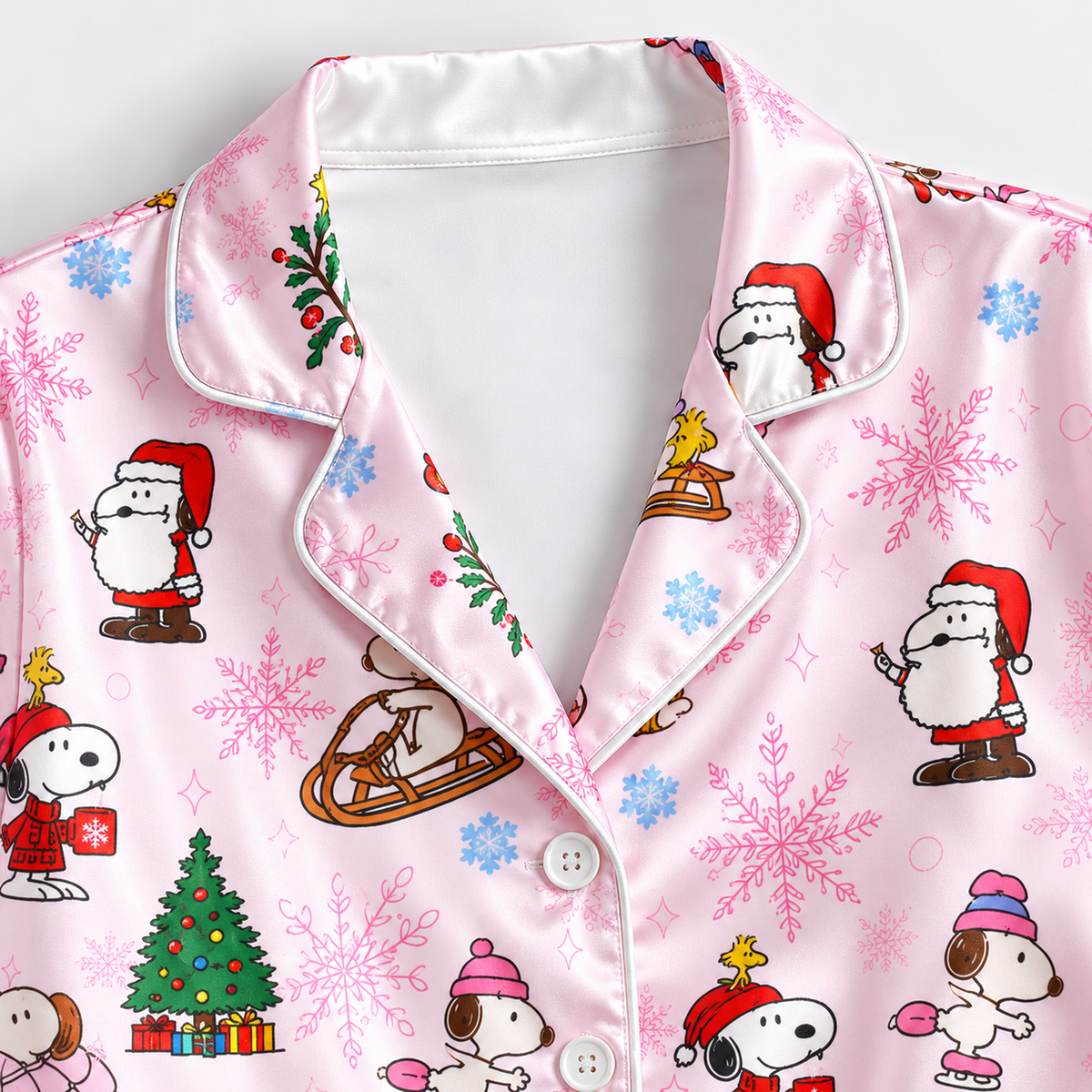 PJ-M1929-Snoopy Christmas Satin Pajama Set, Peanuts Woodstock Pink Holiday Sleepwear