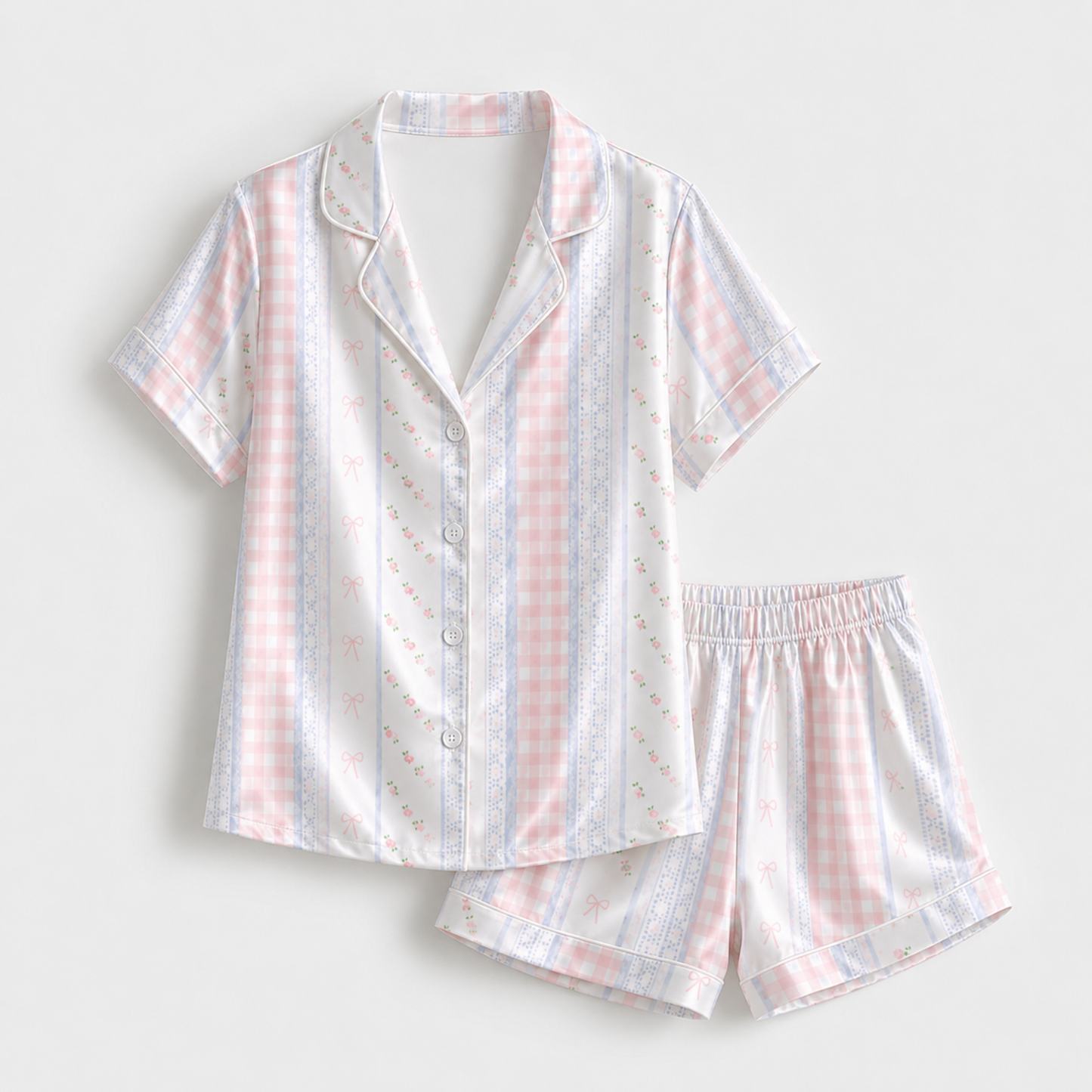 PJ-M193-Pink Gingham Bow Striped Satin Pajama Set Lace Detail Sleepwear Button Up Loungewear