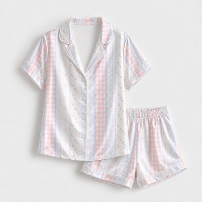 PJ-M193-Pink Gingham Bow Striped Satin Pajama Set Lace Detail Sleepwear Button Up Loungewear