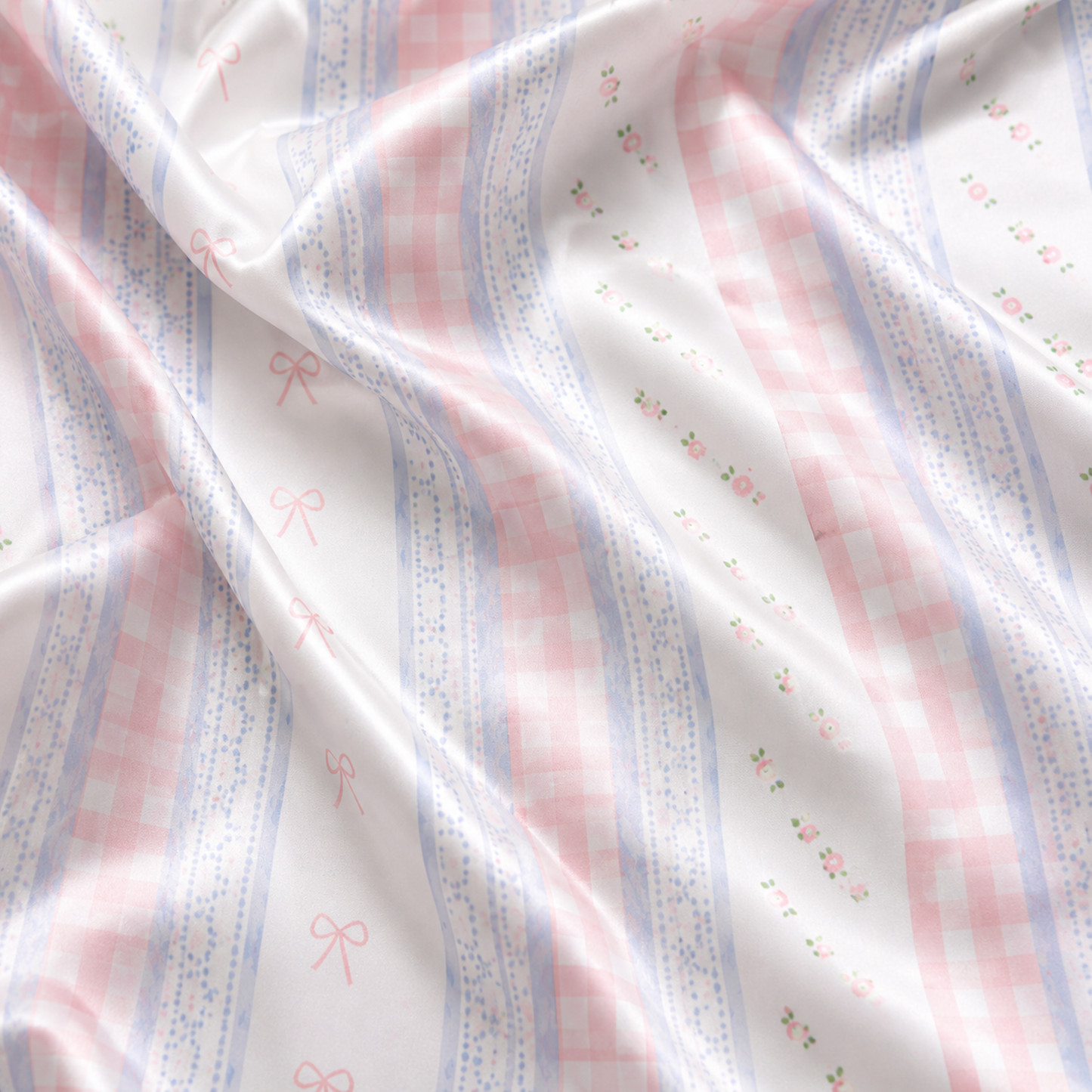 PJ-M193-Pink Gingham Bow Striped Satin Pajama Set Lace Detail Sleepwear Button Up Loungewear