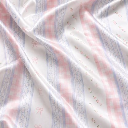 PJ-M193-Pink Gingham Bow Striped Satin Pajama Set Lace Detail Sleepwear Button Up Loungewear