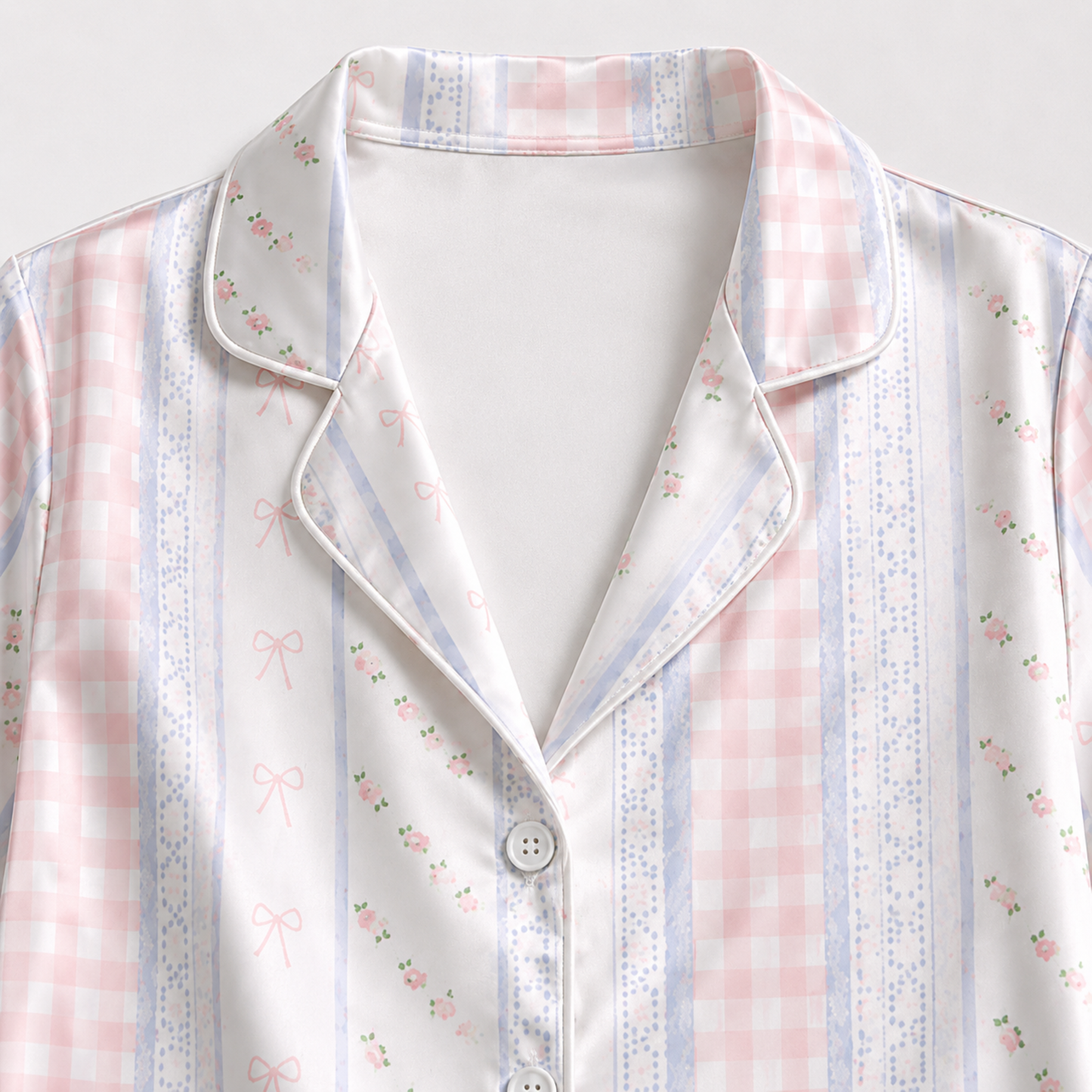 PJ-M193-Pink Gingham Bow Striped Satin Pajama Set Lace Detail Sleepwear Button Up Loungewear
