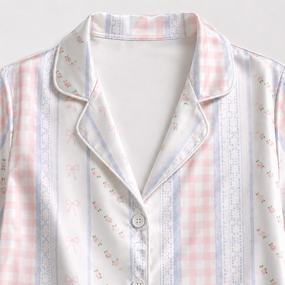 PJ-M193-Pink Gingham Bow Striped Satin Pajama Set Lace Detail Sleepwear Button Up Loungewear