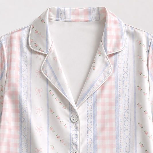 PJ-M193-Pink Gingham Bow Striped Satin Pajama Set Lace Detail Sleepwear Button Up Loungewear