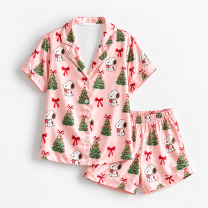 PJ-M1930-Snoopy Christmas Tree Pink Satin Pajama Set, Peanuts Holiday Bow Sleepwear