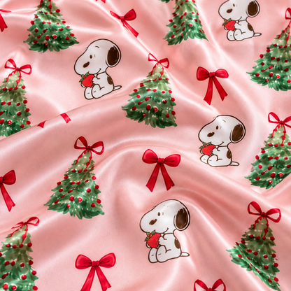 PJ-M1930-Snoopy Christmas Tree Pink Satin Pajama Set, Peanuts Holiday Bow Sleepwear