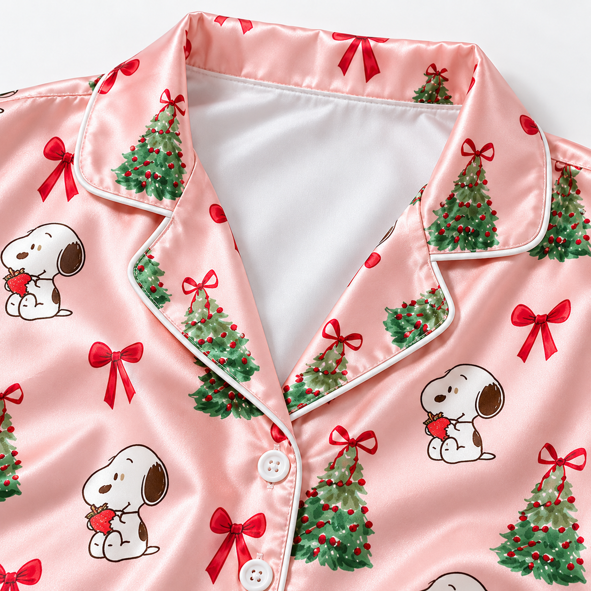 PJ-M1930-Snoopy Christmas Tree Pink Satin Pajama Set, Peanuts Holiday Bow Sleepwear