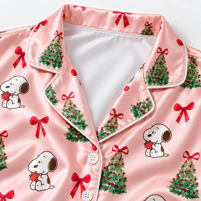 PJ-M1930-Snoopy Christmas Tree Pink Satin Pajama Set, Peanuts Holiday Bow Sleepwear