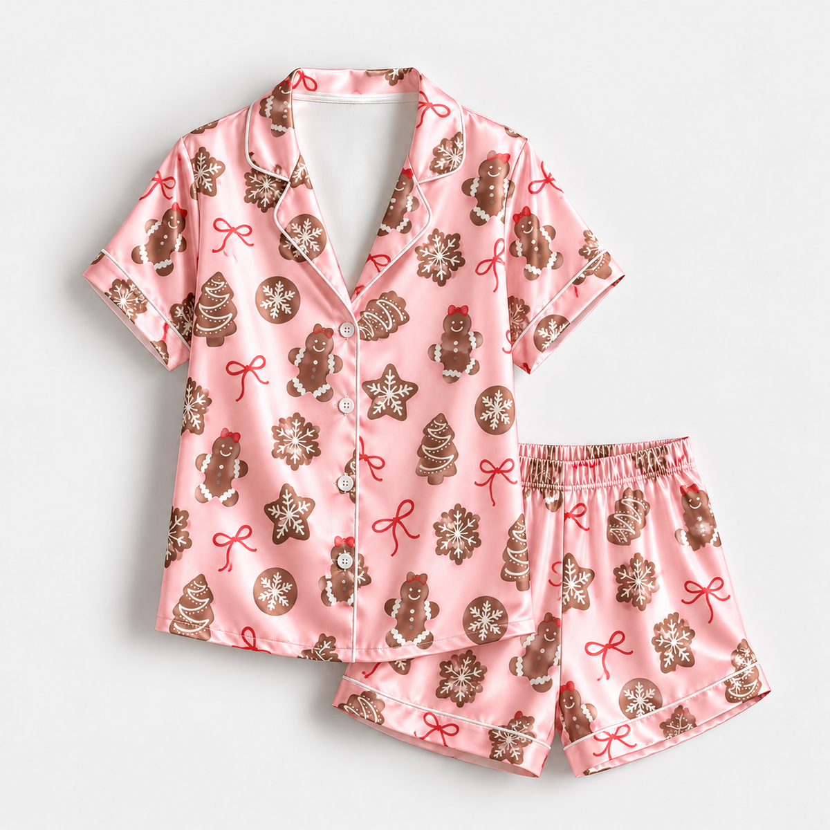 PJ-M1931-Pink Gingerbread Bow Satin Pajama Set, Christmas Cookie Snowflake Holiday Sleepwear