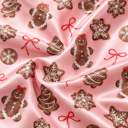 PJ-M1931-Pink Gingerbread Bow Satin Pajama Set, Christmas Cookie Snowflake Holiday Sleepwear