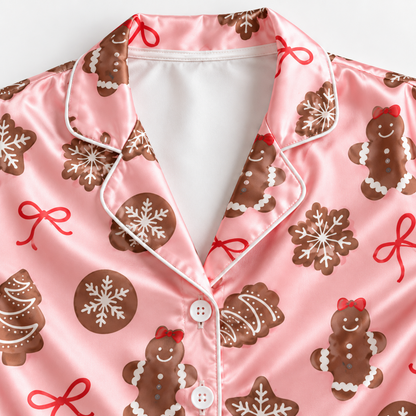 PJ-M1931-Pink Gingerbread Bow Satin Pajama Set, Christmas Cookie Snowflake Holiday Sleepwear