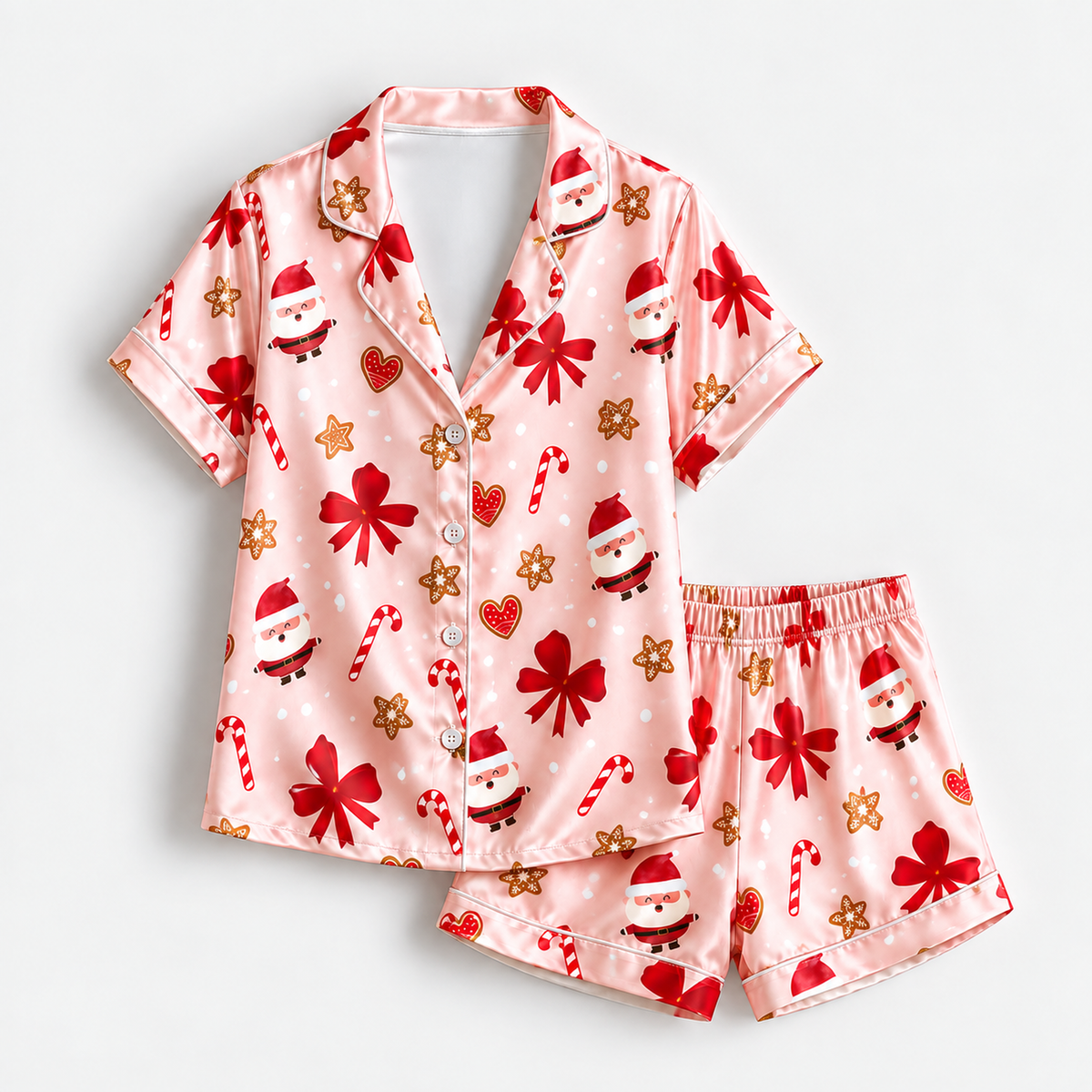 PJ-M1932-Pink Santa Bow Satin Pajama Set, Gingerbread Candy Cane Christmas Holiday Sleepwear