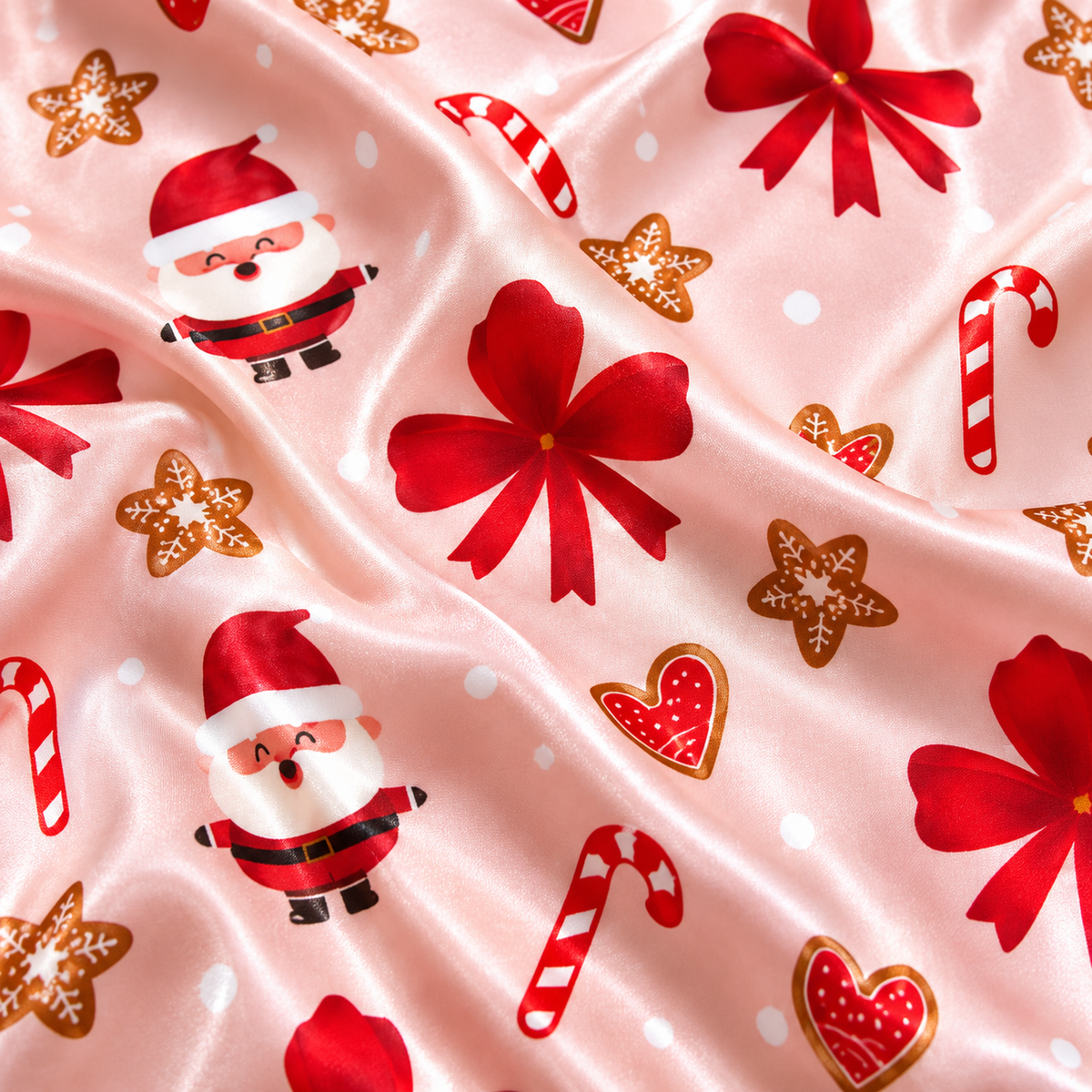 PJ-M1932-Pink Santa Bow Satin Pajama Set, Gingerbread Candy Cane Christmas Holiday Sleepwear