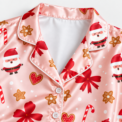 PJ-M1932-Pink Santa Bow Satin Pajama Set, Gingerbread Candy Cane Christmas Holiday Sleepwear