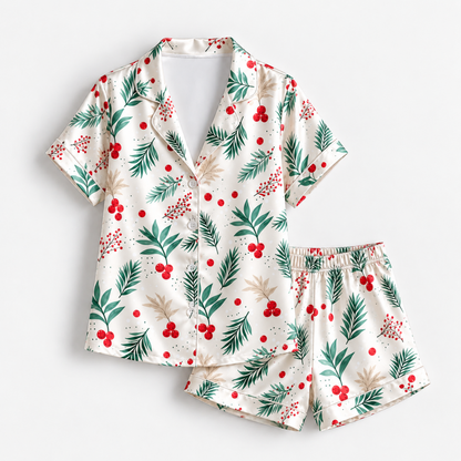 PJ-M1933-Christmas Holly Berry Satin Pajama Set, Evergreen Botanical Festive Holiday Sleepwear