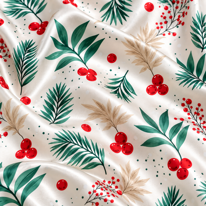 PJ-M1933-Christmas Holly Berry Satin Pajama Set, Evergreen Botanical Festive Holiday Sleepwear