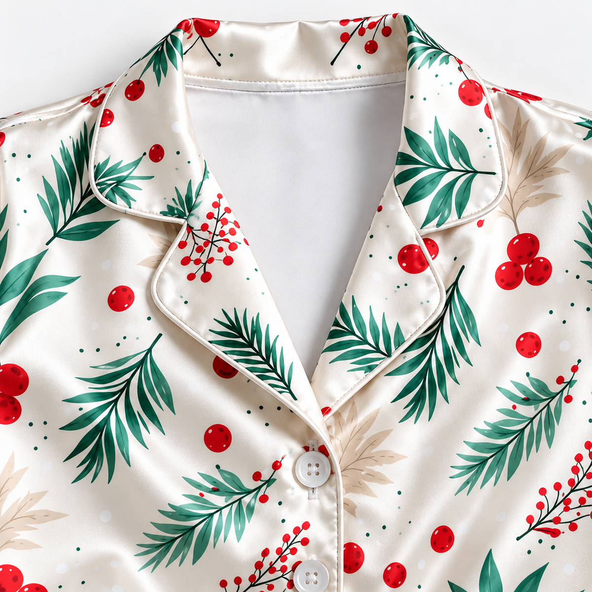 PJ-M1933-Christmas Holly Berry Satin Pajama Set, Evergreen Botanical Festive Holiday Sleepwear
