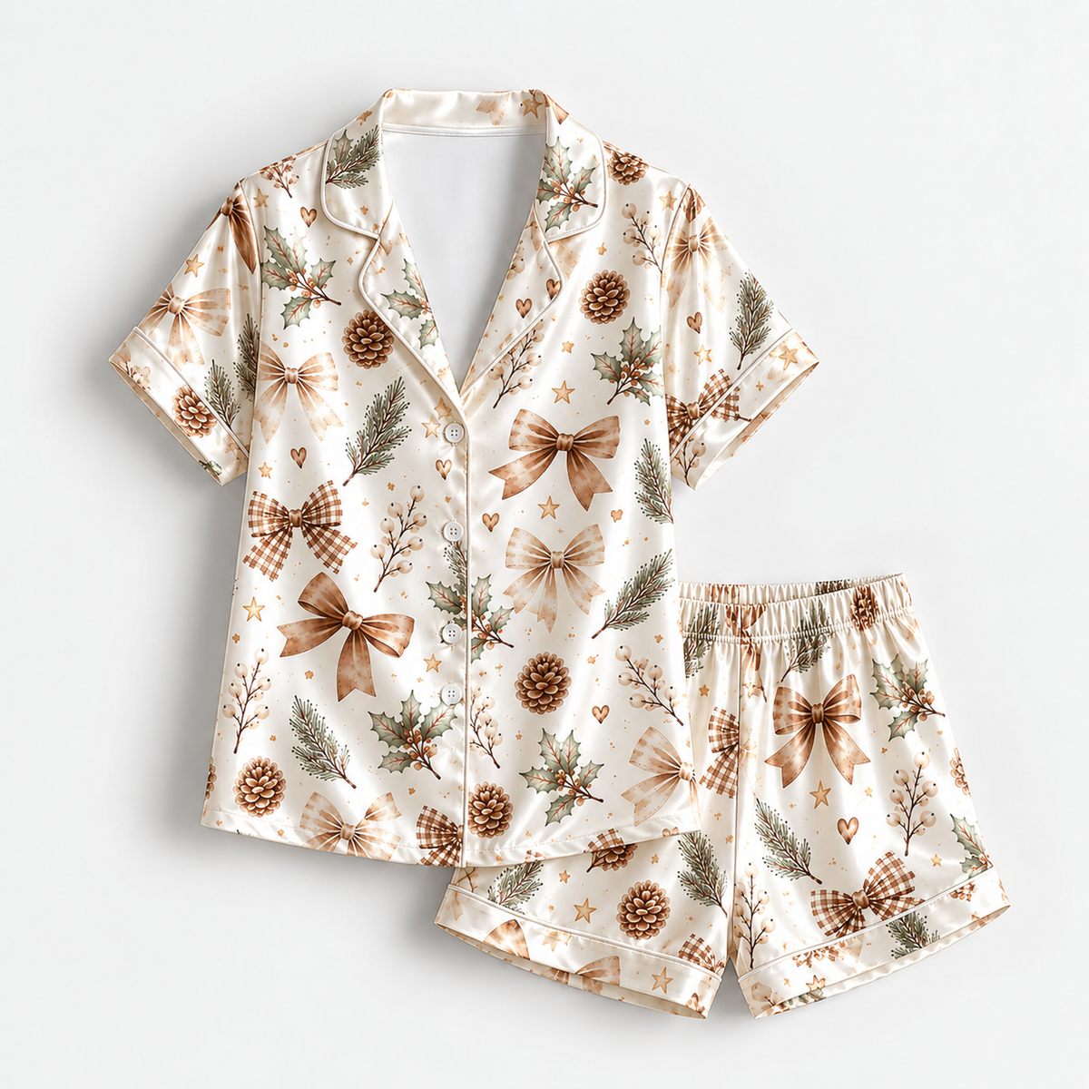 PJ-M1934-Pinecone Bow Satin Pajama Set, Rustic Christmas Evergreen Botanical Holiday Sleepwear