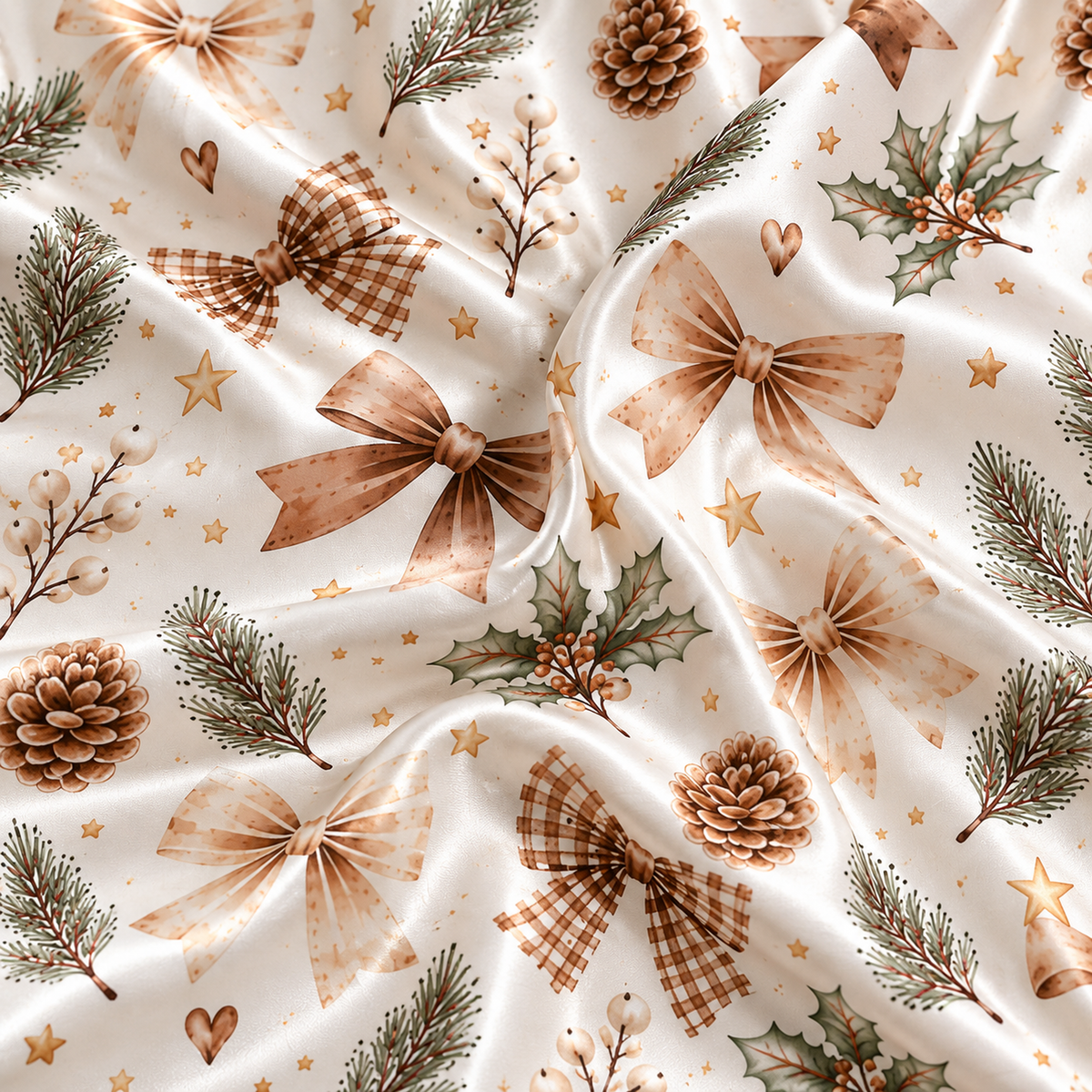 PJ-M1934-Pinecone Bow Satin Pajama Set, Rustic Christmas Evergreen Botanical Holiday Sleepwear