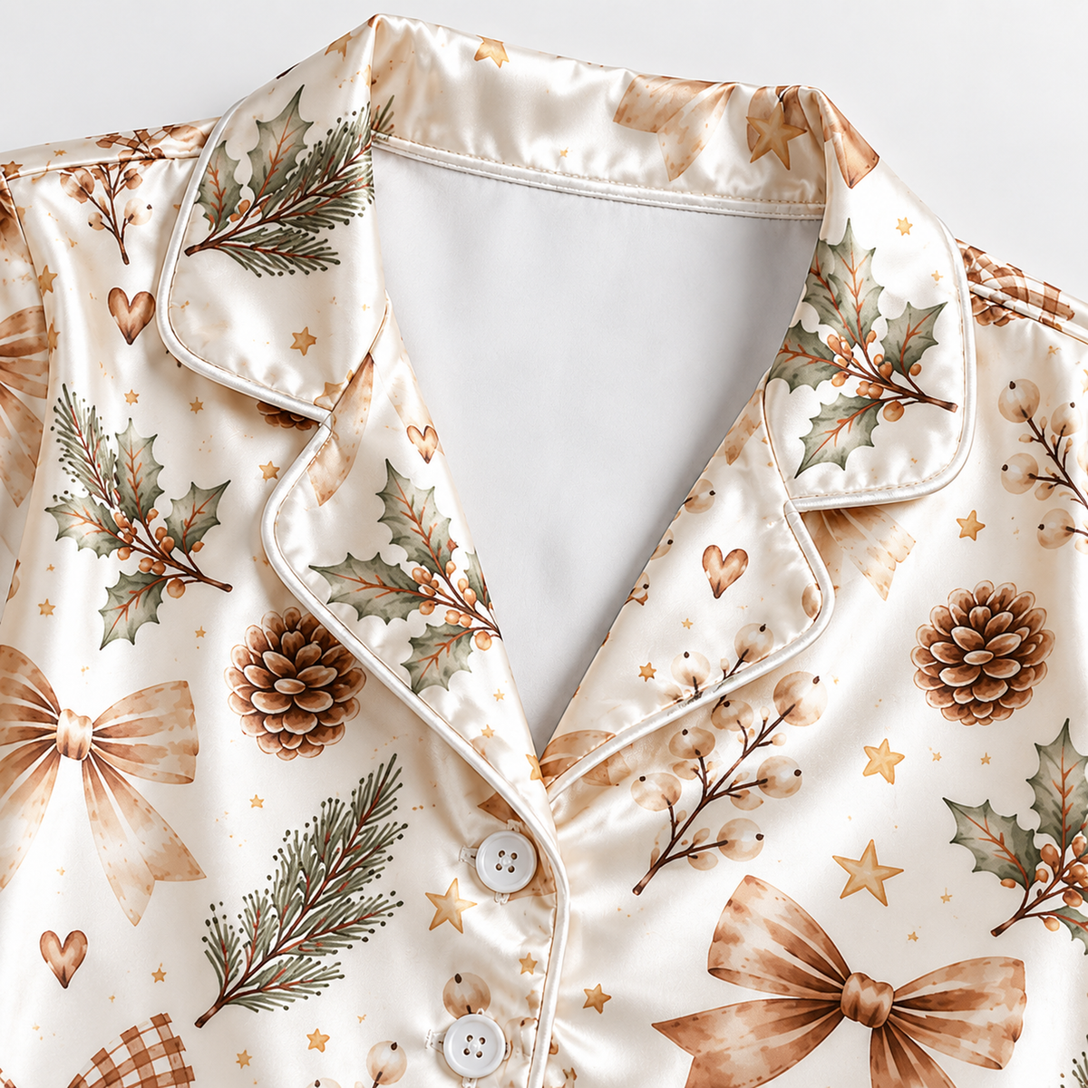 PJ-M1934-Pinecone Bow Satin Pajama Set, Rustic Christmas Evergreen Botanical Holiday Sleepwear