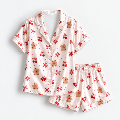 PJ-M1935-Gingerbread Heart Satin Pajama Set, Red Bow Snowflake Sweet Christmas Sleepwear