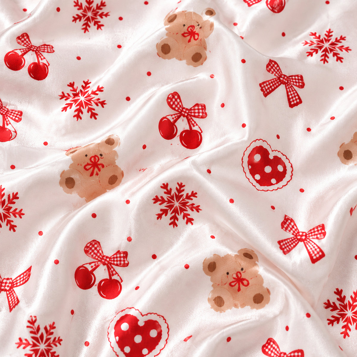 PJ-M1935-Gingerbread Heart Satin Pajama Set, Red Bow Snowflake Sweet Christmas Sleepwear
