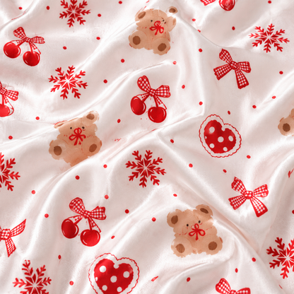 PJ-M1935-Gingerbread Heart Satin Pajama Set, Red Bow Snowflake Sweet Christmas Sleepwear