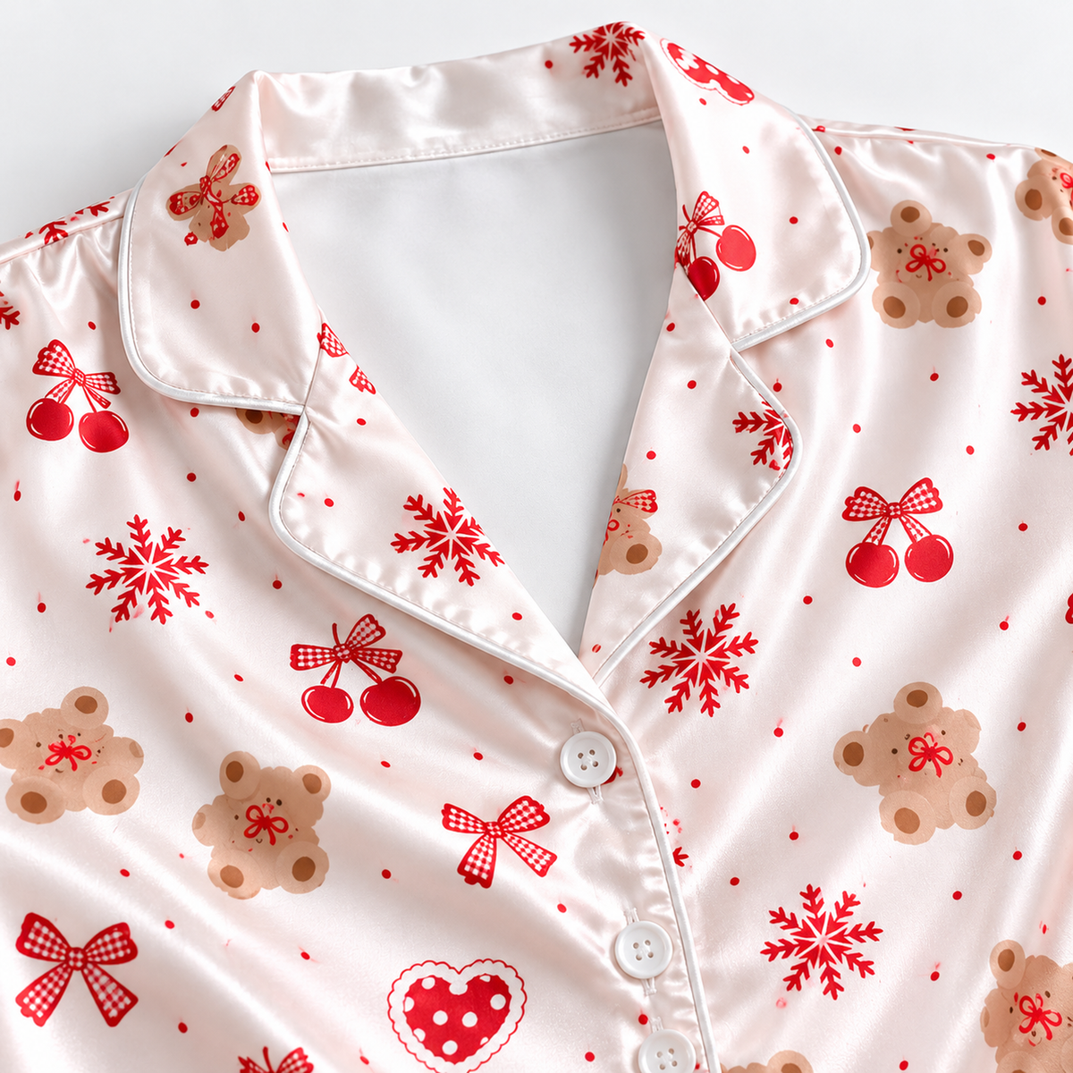 PJ-M1935-Gingerbread Heart Satin Pajama Set, Red Bow Snowflake Sweet Christmas Sleepwear