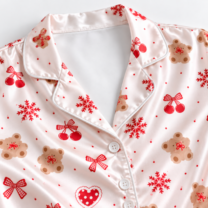 PJ-M1935-Gingerbread Heart Satin Pajama Set, Red Bow Snowflake Sweet Christmas Sleepwear
