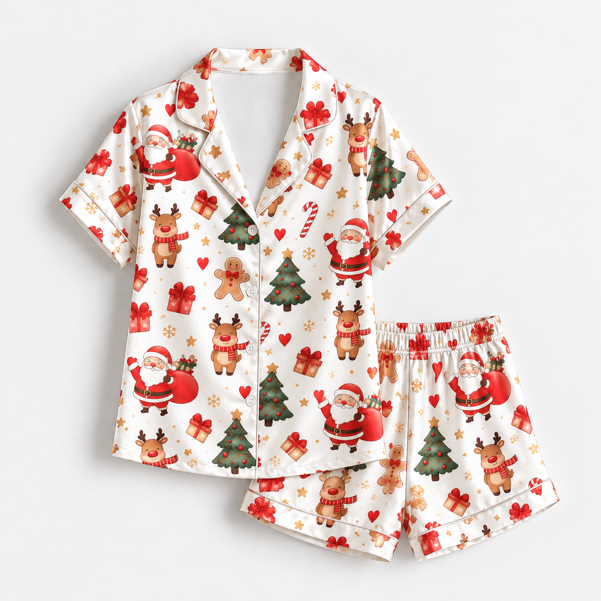 PJ-M1937-Santa Reindeer Christmas Satin Pajama Set, Gingerbread Tree Festive Holiday Sleepwear