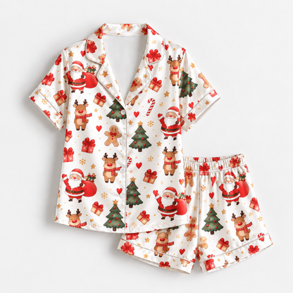 PJ-M1937-Santa Reindeer Christmas Satin Pajama Set, Gingerbread Tree Festive Holiday Sleepwear