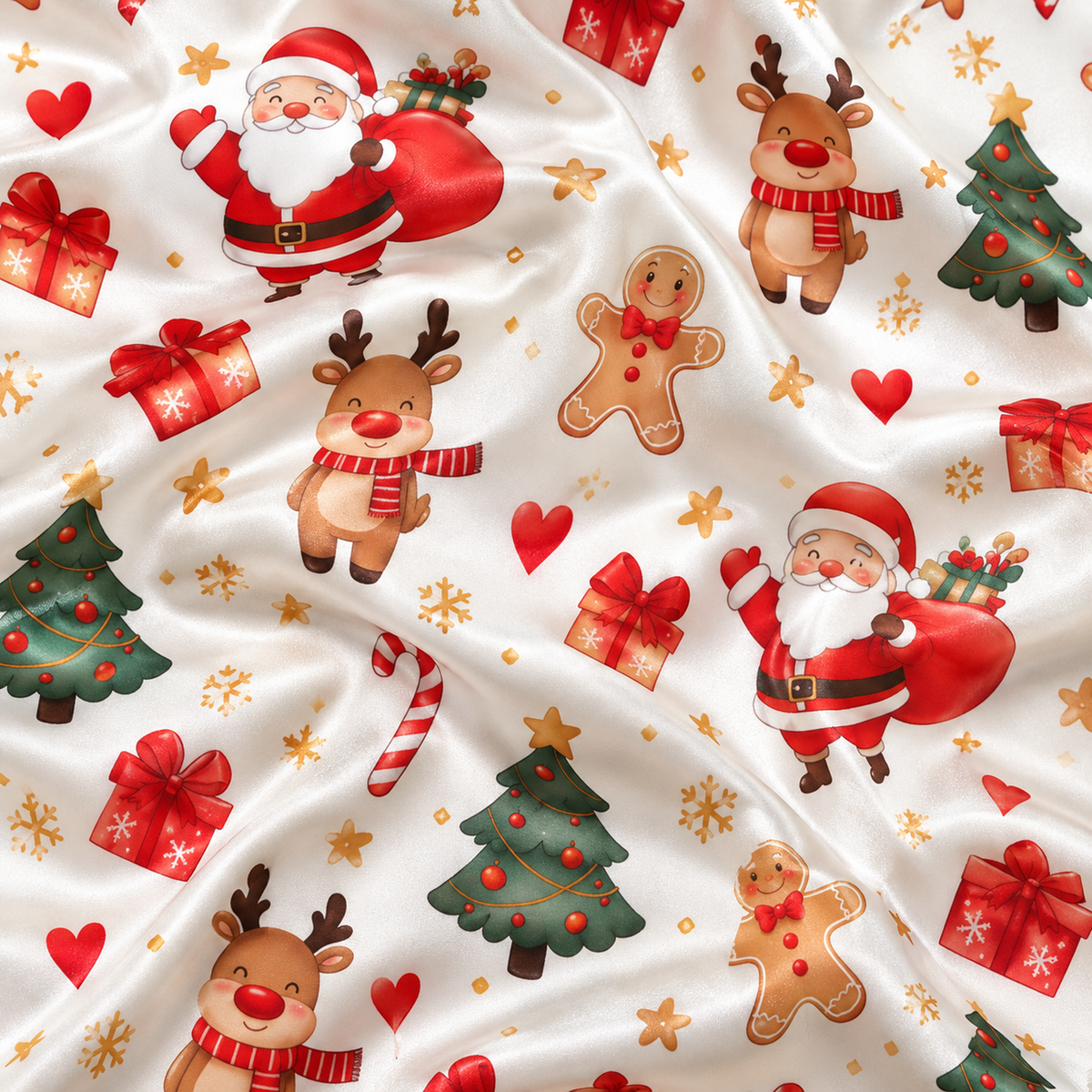 PJ-M1937-Santa Reindeer Christmas Satin Pajama Set, Gingerbread Tree Festive Holiday Sleepwear