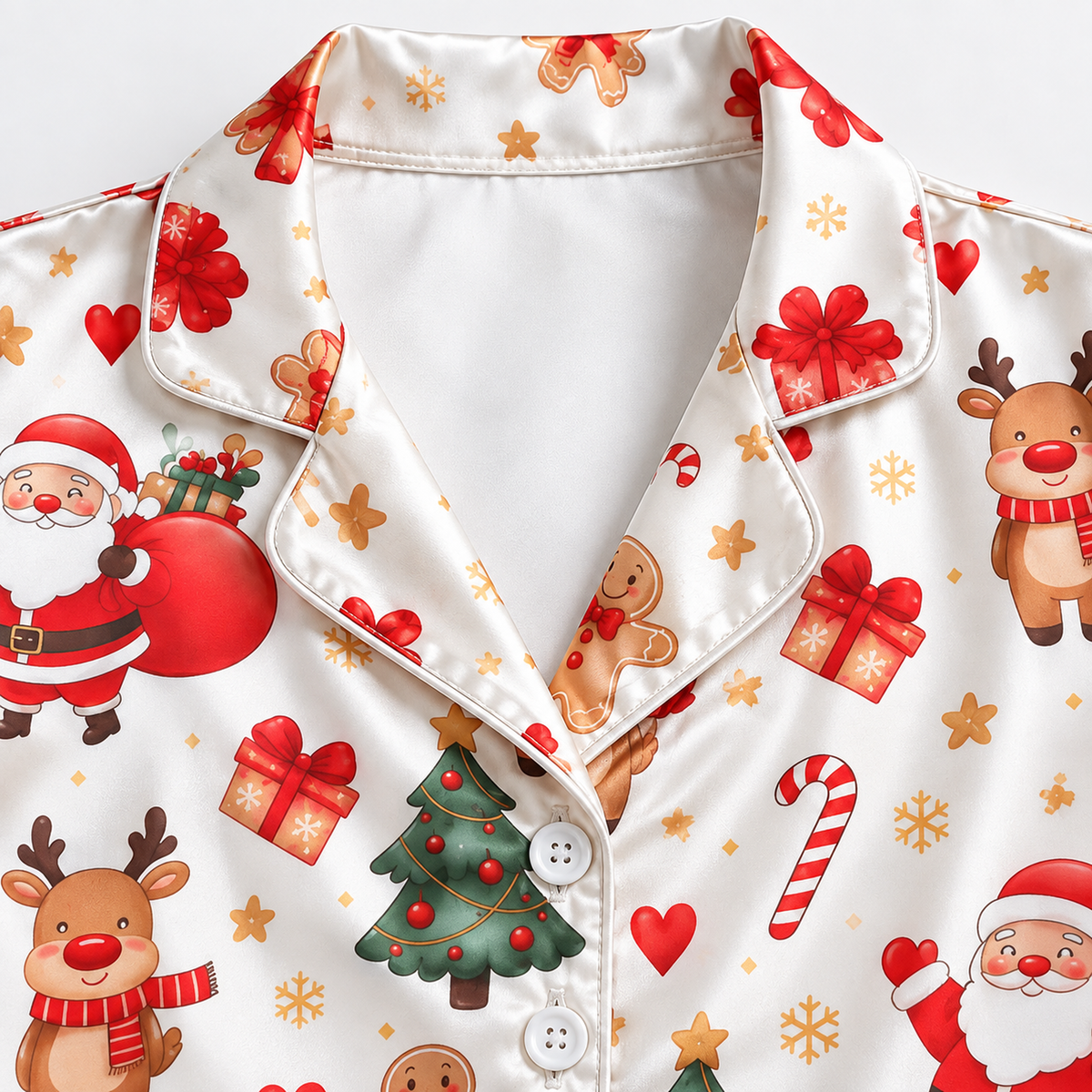PJ-M1937-Santa Reindeer Christmas Satin Pajama Set, Gingerbread Tree Festive Holiday Sleepwear