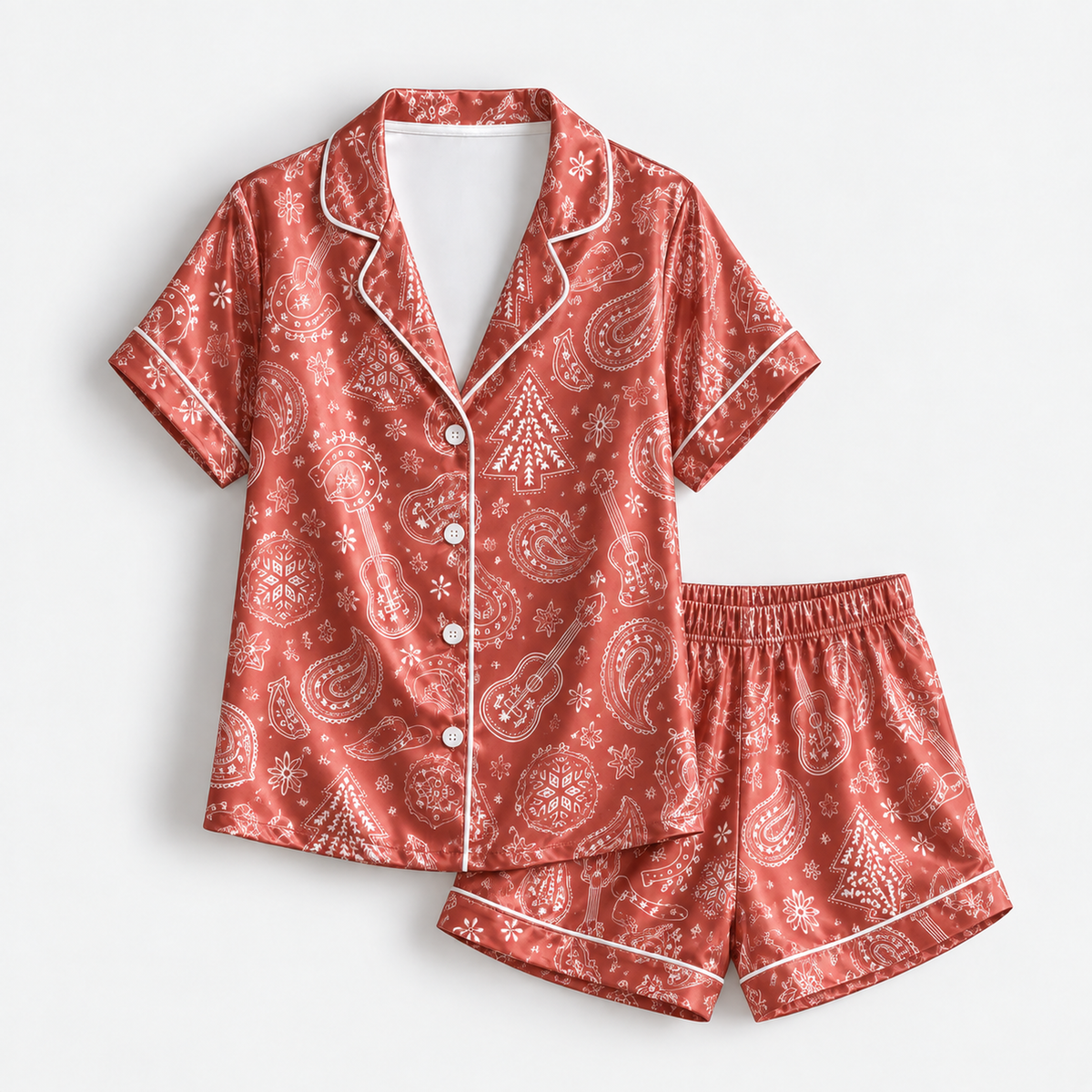 PJ-M1938-Red Paisley Christmas Satin Pajama Set, Festive Tree Snowflake Holiday Sleepwear