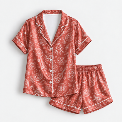 PJ-M1938-Red Paisley Christmas Satin Pajama Set, Festive Tree Snowflake Holiday Sleepwear