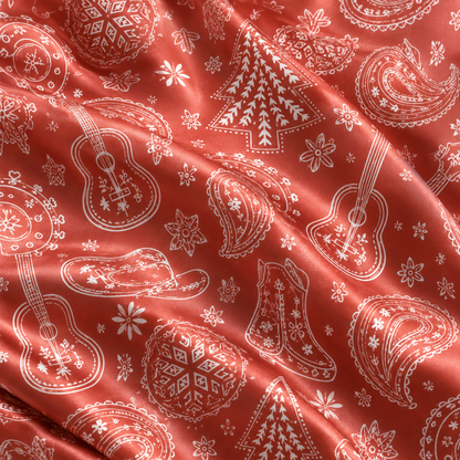 PJ-M1938-Red Paisley Christmas Satin Pajama Set, Festive Tree Snowflake Holiday Sleepwear