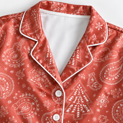 PJ-M1938-Red Paisley Christmas Satin Pajama Set, Festive Tree Snowflake Holiday Sleepwear