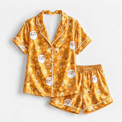 PJ-M1939-Golden Santa Reindeer Satin Pajama Set, Christmas Tree Ornament Festive Holiday Sleepwear