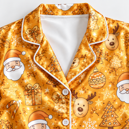 PJ-M1939-Golden Santa Reindeer Satin Pajama Set, Christmas Tree Ornament Festive Holiday Sleepwear