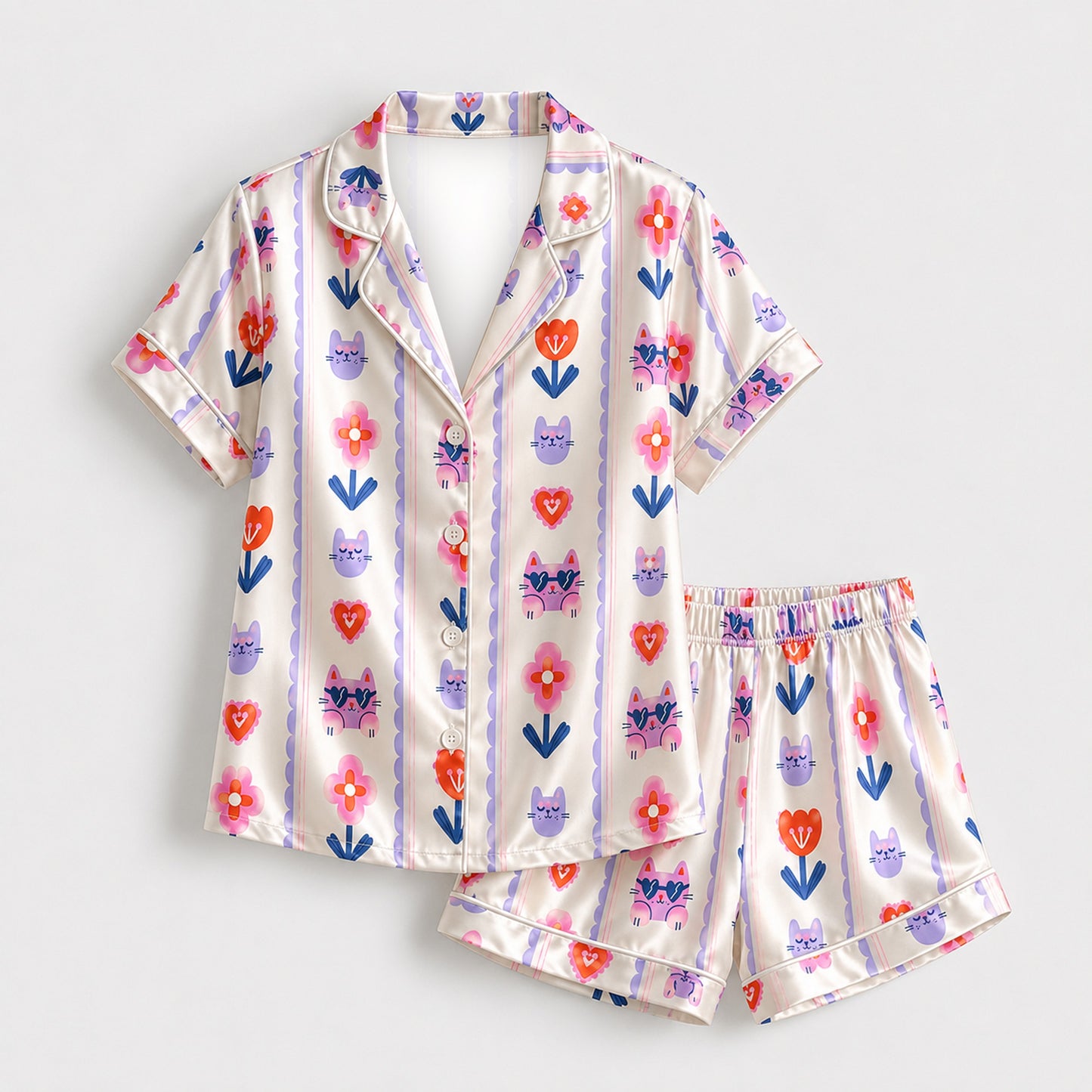 PJ-M194-Satin Cat Pajama Apparel, Floral Heart Pattern Loungewear Sleepwear Collection Top Bottom Clothing