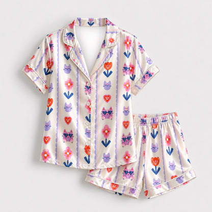 PJ-M194-Satin Cat Pajama Apparel, Floral Heart Pattern Loungewear Sleepwear Collection Top Bottom Clothing