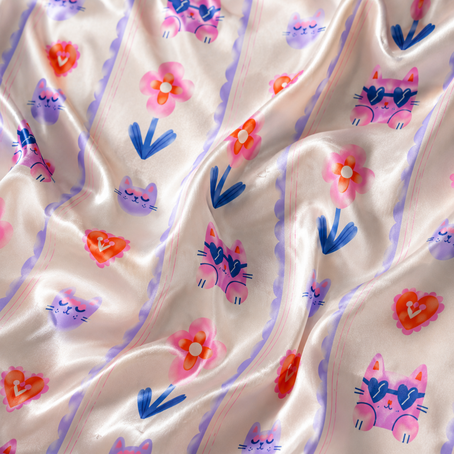 PJ-M194-Satin Cat Pajama Apparel, Floral Heart Pattern Loungewear Sleepwear Collection Top Bottom Clothing