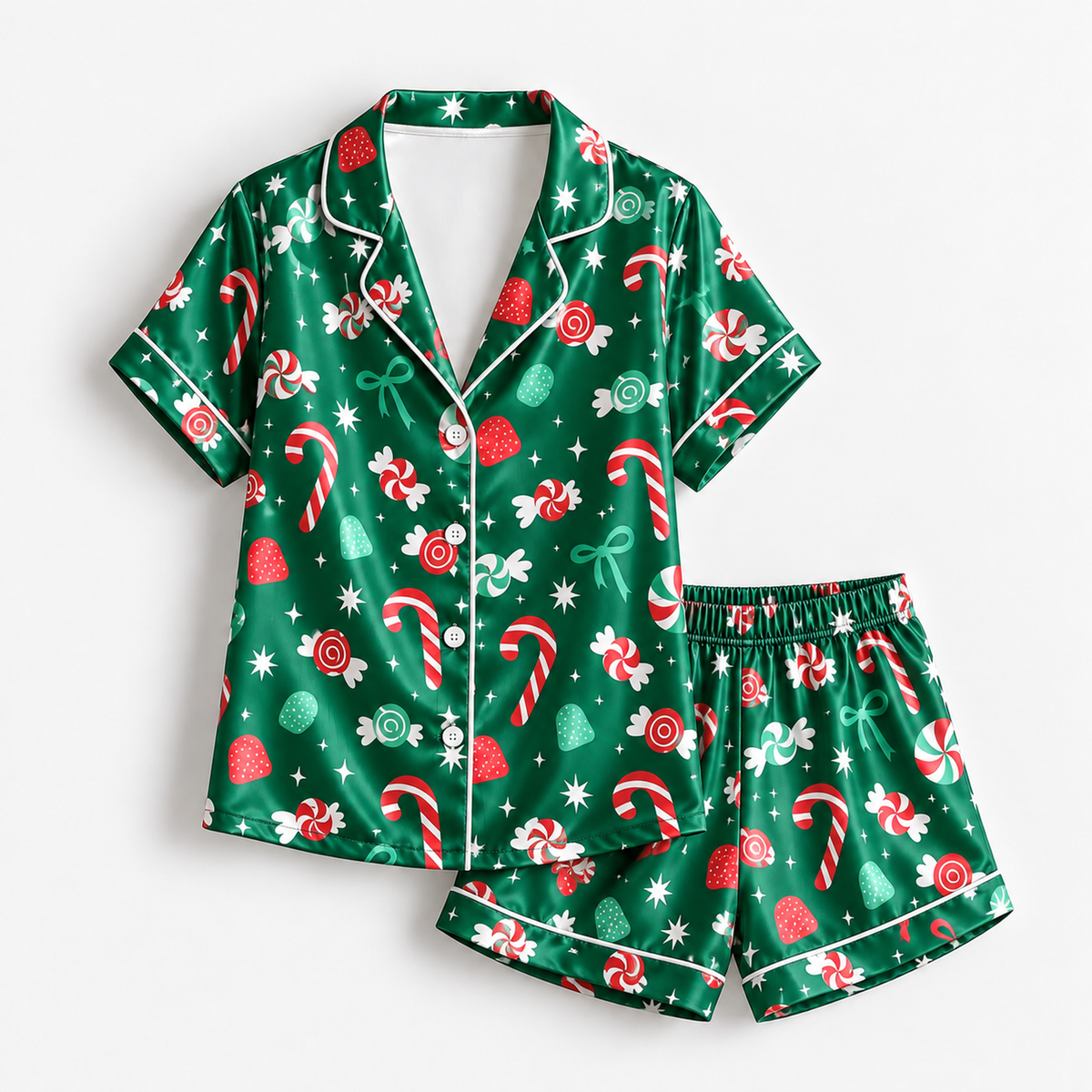 PJ-M1940-Christmas Candy Cane Satin Pajama Set, Green Peppermint Sweet Festive Holiday Sleepwear